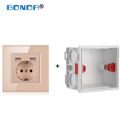 USB zásuvka do steny, EÚ napájacia zástrčka, dvojitá USB nabíjačka, nástenná zásuvka 16A 2100ma, elektrické zásuvky AC100-250V, tvrdené krištáľové sklo