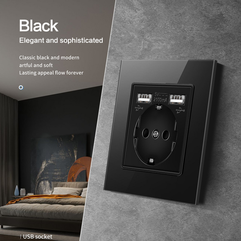 USB zásuvka do steny, EÚ napájacia zástrčka, dvojitá USB nabíjačka, nástenná zásuvka 16A 2100ma, elektrické zásuvky AC100-250V, tvrdené krištáľové sklo