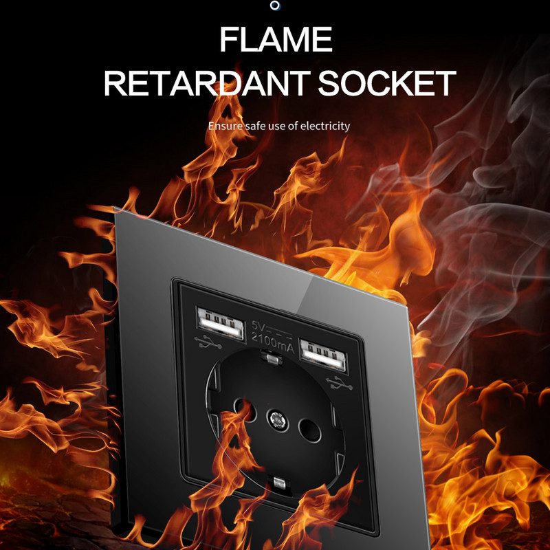 USB zásuvka do steny, EÚ napájacia zástrčka, dvojitá USB nabíjačka, nástenná zásuvka 16A 2100ma, elektrické zásuvky AC100-250V, tvrdené krištáľové sklo