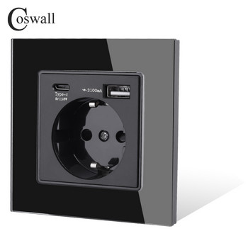 COSWALL Закален стъклен панел Бял ЕС/Испания/Русия Стенен захранващ контакт, заземен с 18W тип-A и C двойно USB бързо зарядно устройство