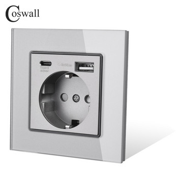 COSWALL Закален стъклен панел Бял ЕС/Испания/Русия Стенен захранващ контакт, заземен с 18W тип-A и C двойно USB бързо зарядно устройство