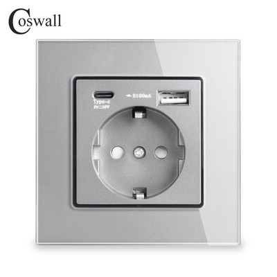 COSWALL Tvrdené sklenené panely Biela zásuvka pre EÚ / Španielsko / Rusko Uzemnená s 18W rýchlonabíjačkou typu A a C s dvojitým USB
