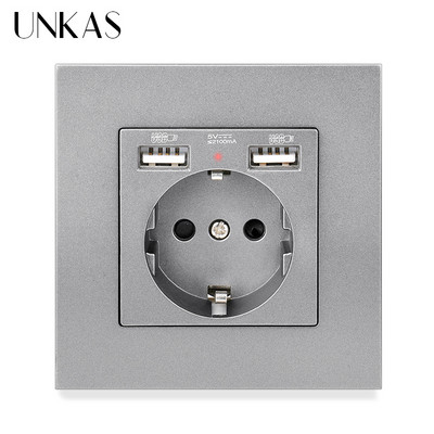 UNKAS EU Spanyolország Oroszország Műanyag PC lángpanel, kettős USB port, szürke fali konnektor tartó földelve gyorstöltő telefonnal