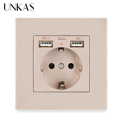 UNKAS EU Spanyolország Oroszország Műanyag PC lángpanel, kettős USB port, szürke fali konnektor tartó földelve gyorstöltő telefonnal