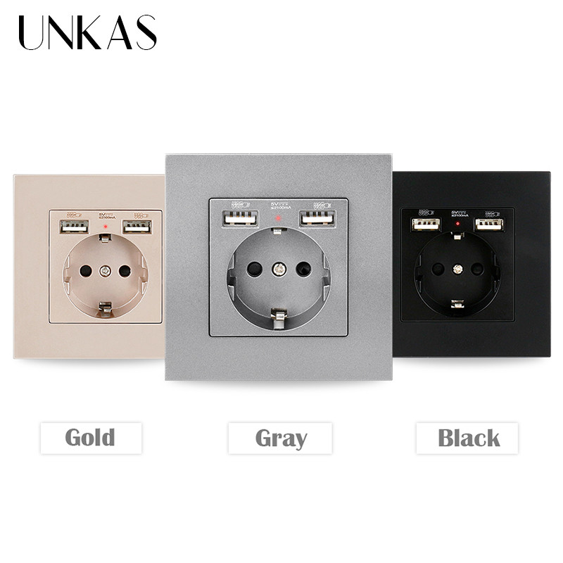UNKAS EU Spanyolország Oroszország Műanyag PC lángpanel, kettős USB port, szürke fali konnektor tartó földelve gyorstöltő telefonnal