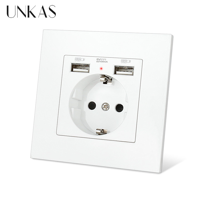 UNKAS EU Spanyolország Oroszország Műanyag PC lángpanel, kettős USB port, szürke fali konnektor tartó földelve gyorstöltő telefonnal