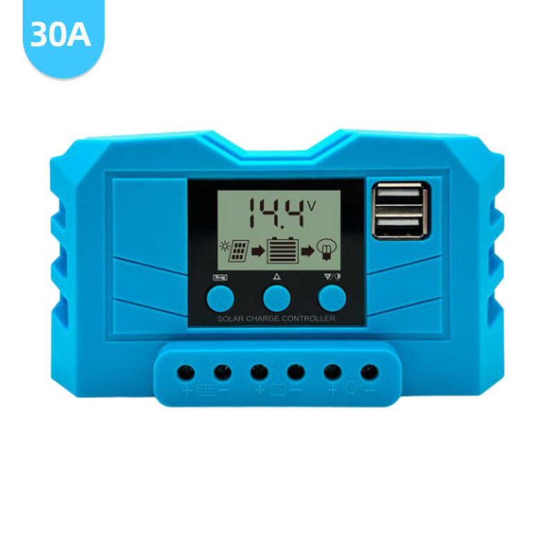 Solárny regulátor nabíjania 10A/20A/30A s duálnym USB výstupom 5V/2A, PWM regulátorom solárnych panelov, kompatibilným s olovenými/lítium-iónovými batériami.
