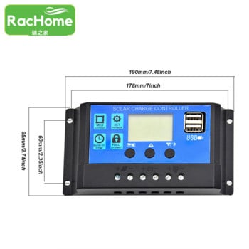 Соларен контролер за зареждане Pwm 12v 24v 10a Автоматични контролери LCD двоен USB голям LCD дисплей Контролер за зареждане на соларен панел 5v изход