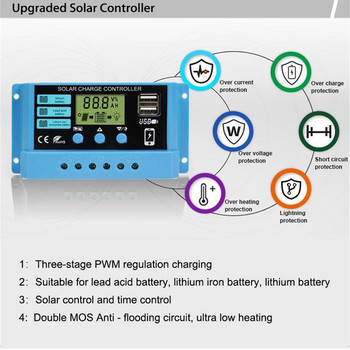 Контролер за слънчево зареждане, регулируем LCD дисплей, слънчев панел, регулатор на батерията с USB порт, регулируем LCD дисплей, фотоволтаичен