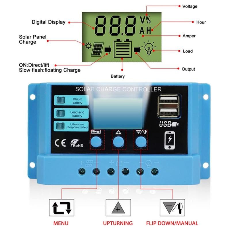 Napelemes töltésvezérlő Állítható LCD kijelző Napelemes akkumulátor szabályozó USB porttal Állítható LCD kijelző Fotovoltaikus