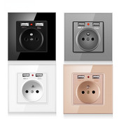 Francúzska štandardná nástenná zásuvka, 16A zásuvka s 2100mA duálnou USB nabíjačkou, čierna, biela, zlatá, sklenený panel 86