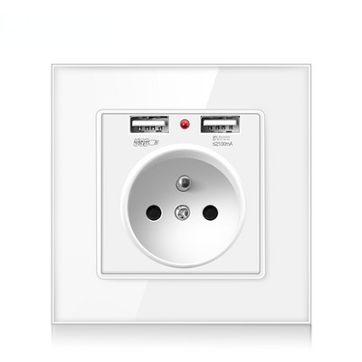 Francúzska štandardná nástenná zásuvka, 16A zásuvka s 2100mA duálnou USB nabíjačkou, čierna, biela, zlatá, sklenený panel 86