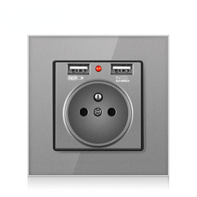 Francúzska štandardná nástenná zásuvka, 16A zásuvka s 2100mA duálnou USB nabíjačkou, čierna, biela, zlatá, sklenený panel 86