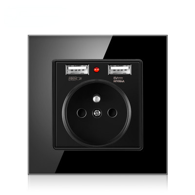 Francúzska štandardná nástenná zásuvka, 16A zásuvka s 2100mA duálnou USB nabíjačkou, čierna, biela, zlatá, sklenený panel 86