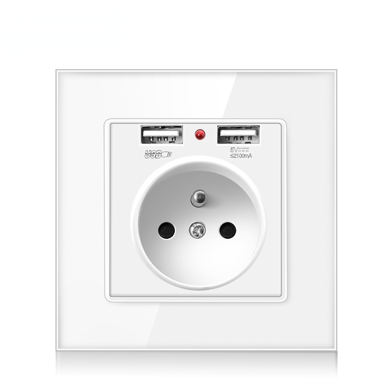 Francúzska štandardná nástenná zásuvka, 16A zásuvka s 2100mA duálnou USB nabíjačkou, čierna, biela, zlatá, sklenený panel 86
