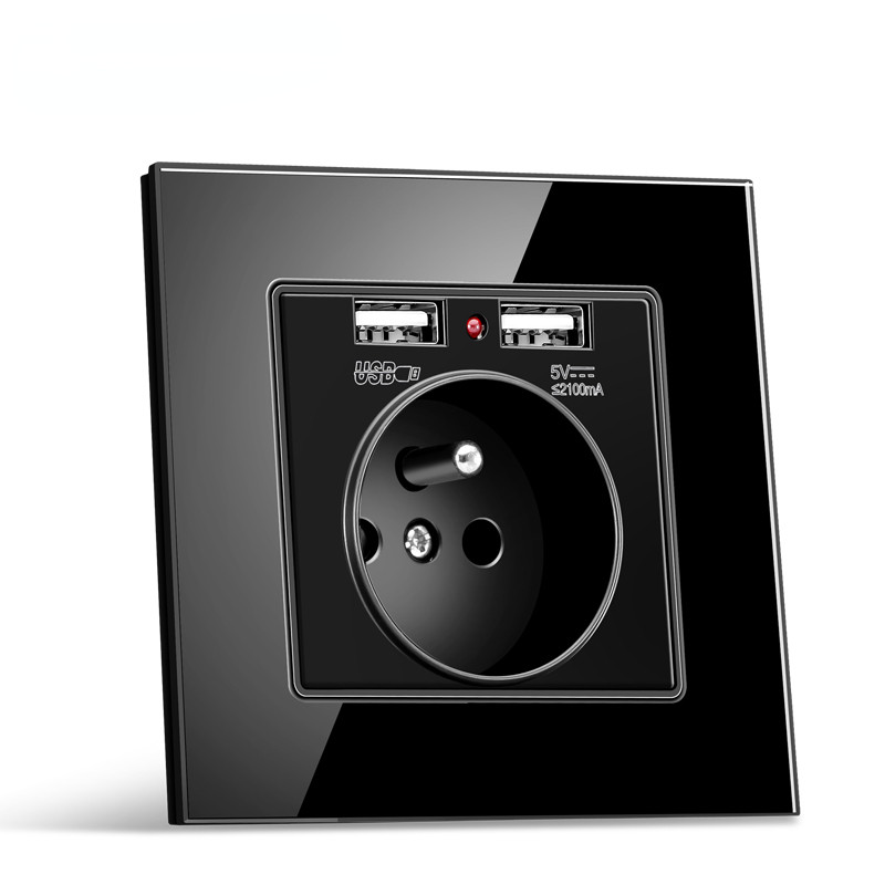 Francúzska štandardná nástenná zásuvka, 16A zásuvka s 2100mA duálnou USB nabíjačkou, čierna, biela, zlatá, sklenený panel 86
