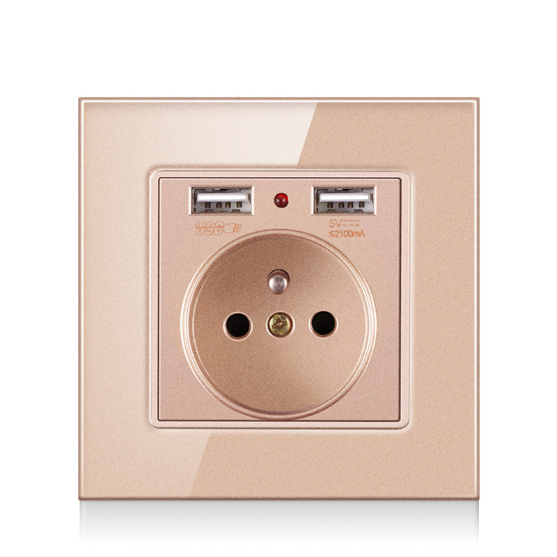 Francúzska štandardná nástenná zásuvka, 16A zásuvka s 2100mA duálnou USB nabíjačkou, čierna, biela, zlatá, sklenený panel 86