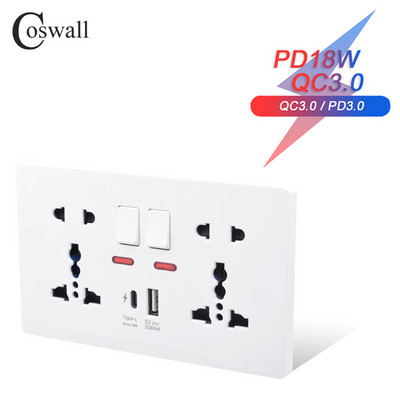 COSWALL 18W C-tüüpi seinakontakt, 4A nutikas kiirlaadimisliides, universaalne kahekordne pistikupesa, eraldi lüliti juhtimine, 1A1C USB-port