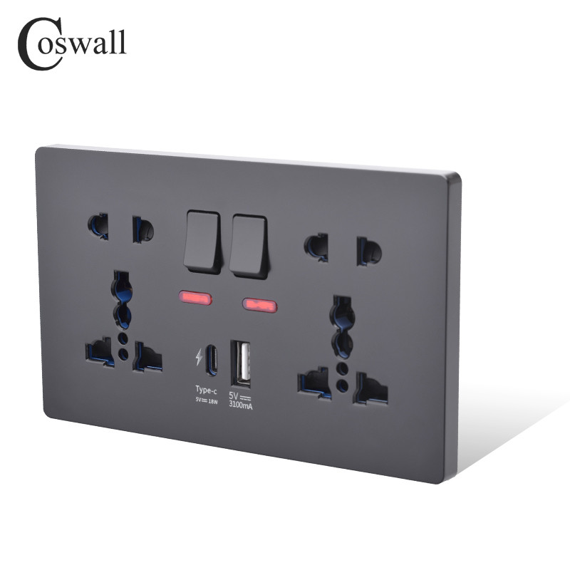 Zásuvka COSWALL 18W typu C, 4A inteligentné rozhranie pre rýchle nabíjanie, univerzálna dvojitá zásuvka, samostatné ovládanie spínačom, 1A1C USB port