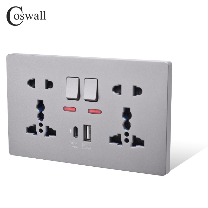 Zásuvka COSWALL 18W typu C, 4A inteligentné rozhranie pre rýchle nabíjanie, univerzálna dvojitá zásuvka, samostatné ovládanie spínačom, 1A1C USB port