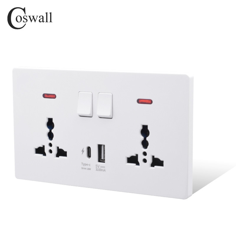 Zásuvka COSWALL 18W typu C, 4A inteligentné rozhranie pre rýchle nabíjanie, univerzálna dvojitá zásuvka, samostatné ovládanie spínačom, 1A1C USB port