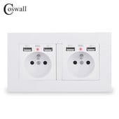 COSWALL 2-cestná francúzska štandardná nástenná zásuvka so 4 USB portami, skrytá, mäkký LED indikátor, séria E20, PC panel, čierna, biela, sivá