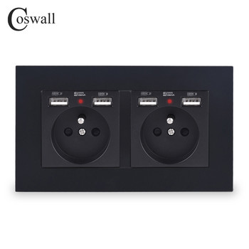 COSWALL 2 Gang γαλλική τυπική πρίζα τοίχου με 4 θύρα φόρτισης USB κρυφή μαλακή ένδειξη LED σειράς E20 Πίνακας υπολογιστή Μαύρο Λευκό Γκρι