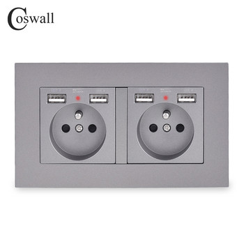 COSWALL 2 Gang френски стандартен стенен контакт с 4 USB порта за зареждане скрит мек LED индикатор E20 серия PC панел черен бял сив