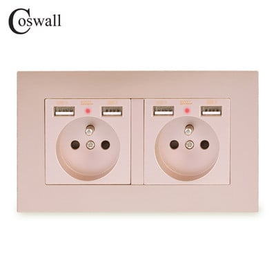 COSWALL 2-cestná francúzska štandardná nástenná zásuvka so 4 USB portami, skrytá, mäkký LED indikátor, séria E20, PC panel, čierna, biela, sivá