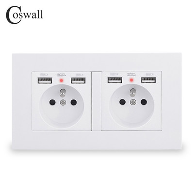 COSWALL 2-cestná francúzska štandardná nástenná zásuvka so 4 USB portami, skrytá, mäkký LED indikátor, séria E20, PC panel, čierna, biela, sivá