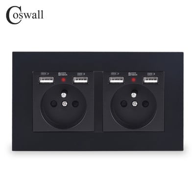 COSWALL 2-cestná francúzska štandardná nástenná zásuvka so 4 USB portami, skrytá, mäkký LED indikátor, séria E20, PC panel, čierna, biela, sivá