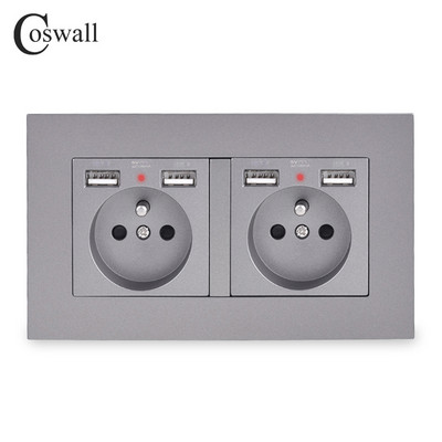COSWALL 2-cestná francúzska štandardná nástenná zásuvka so 4 USB portami, skrytá, mäkký LED indikátor, séria E20, PC panel, čierna, biela, sivá