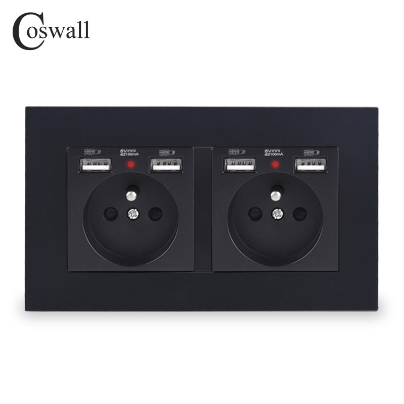 COSWALL 2-cestná francúzska štandardná nástenná zásuvka so 4 USB portami, skrytá, mäkký LED indikátor, séria E20, PC panel, čierna, biela, sivá
