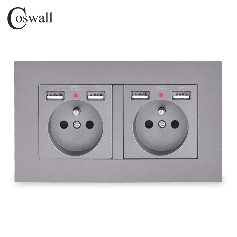 COSWALL 2-cestná francúzska štandardná nástenná zásuvka so 4 USB portami, skrytá, mäkký LED indikátor, séria E20, PC panel, čierna, biela, sivá