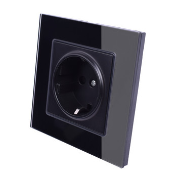 Coswall Wall Crystal Glass Panel Power Socket Grounded, 16A Black Standard Electrical Outlet 86mm * 86mm
