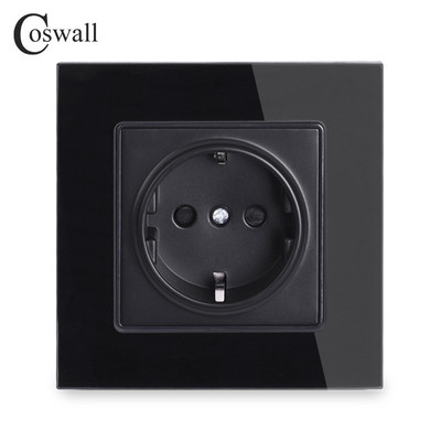 Zásuvka Coswall s krištáľovým skleneným panelom, uzemnená, 16A, čierna, štandardná elektrická zásuvka EÚ, 86 mm * 86 mm