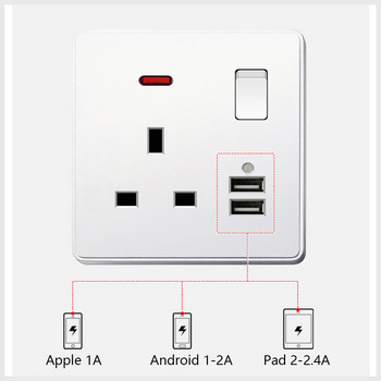 Стандартен електрически контакт за Обединеното кралство 13A Двойни USB портове LED индикатор Единичен двустенен контакт Малта Сингапур Бяла пластмаса 86 146 Тип