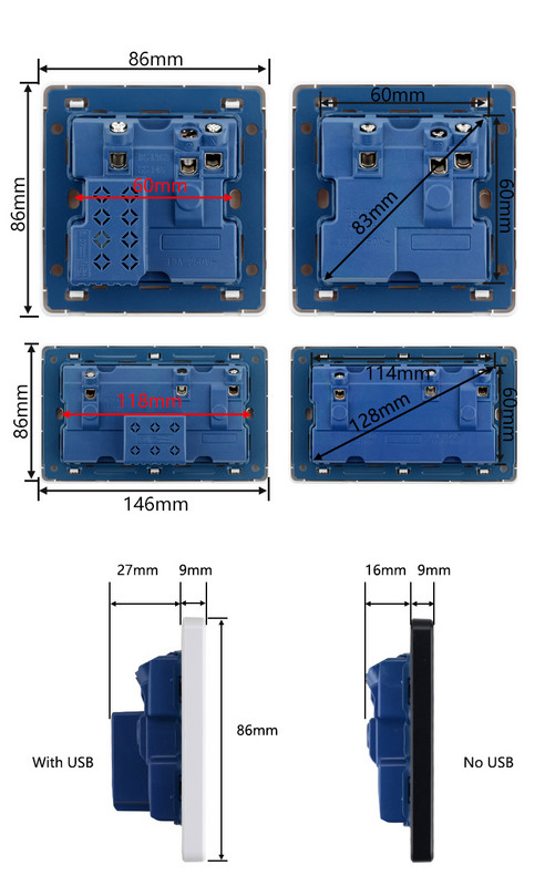 Egyesült Királyság szabványos tápcsatlakozó 13A, kettős USB-portos LED-jelző egy dupla fali aljzat Málta Szingapúr fehér műanyag 86 146 típus