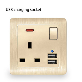USB Стенен контакт UK щепсел Британски изход Бяла пластмаса Златна метална плоча 13A Електрическо превключване 3250W Кухня Домашен офис