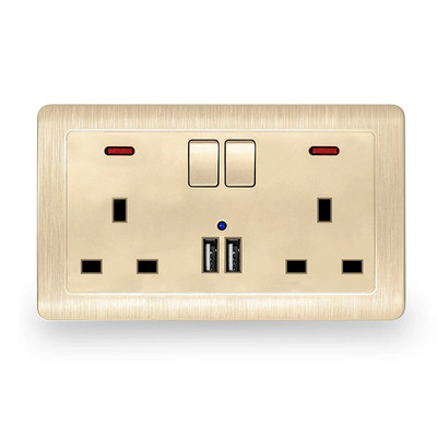 USB zásuvka, UK zástrčka, britská zásuvka, biela plastová, zlatá, kovová, 13A, elektrický spínač, 3250W, kuchyňa, domáca kancelária