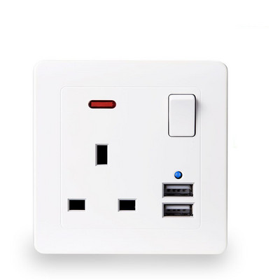 USB zásuvka, UK zástrčka, britská zásuvka, biela plastová, zlatá, kovová, 13A, elektrický spínač, 3250W, kuchyňa, domáca kancelária