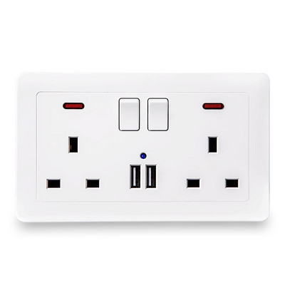 USB zásuvka, UK zástrčka, britská zásuvka, biela plastová, zlatá, kovová, 13A, elektrický spínač, 3250W, kuchyňa, domáca kancelária