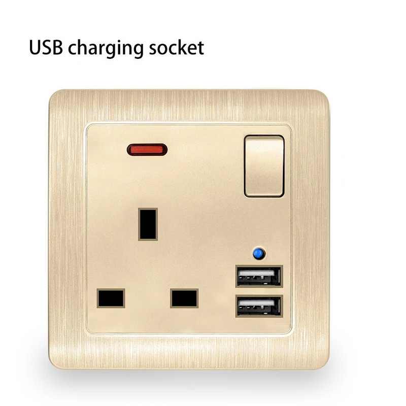 USB zásuvka, UK zástrčka, britská zásuvka, biela plastová, zlatá, kovová, 13A, elektrický spínač, 3250W, kuchyňa, domáca kancelária