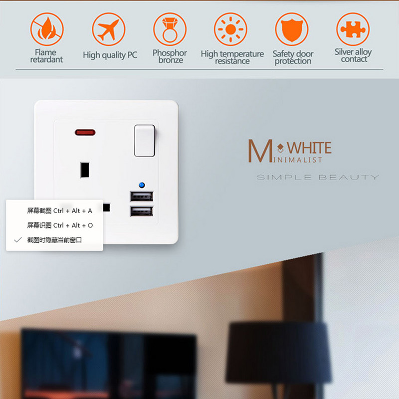 USB zásuvka, UK zástrčka, britská zásuvka, biela plastová, zlatá, kovová, 13A, elektrický spínač, 3250W, kuchyňa, domáca kancelária