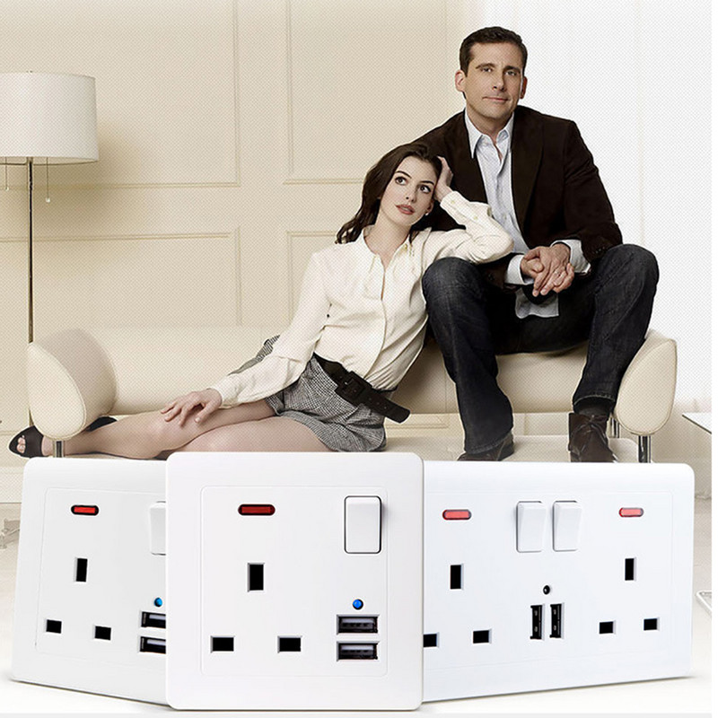 USB zásuvka, UK zástrčka, britská zásuvka, biela plastová, zlatá, kovová, 13A, elektrický spínač, 3250W, kuchyňa, domáca kancelária