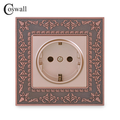Coswall 16A EU szabványos tápcsatlakozó piros bronz Retro cink ötvözet panel arany fali konnektor földelt AC 220~250V