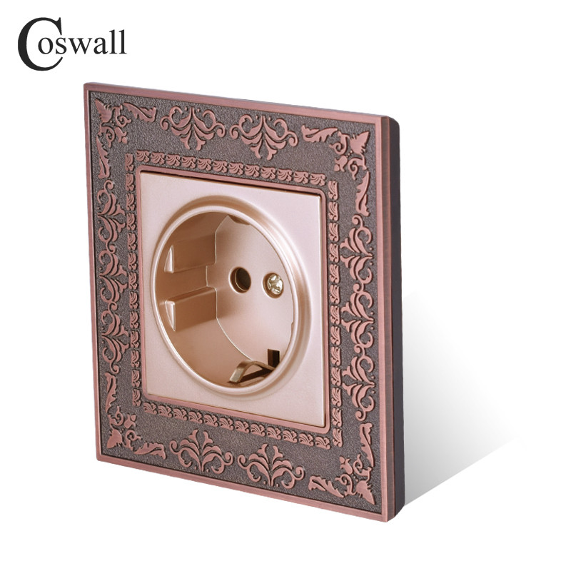 Coswall 16A štandardná zásuvka EÚ, červená bronzová, retro zliatina zinku, zlatá, nástenná zásuvka, uzemnená, AC 220~250V