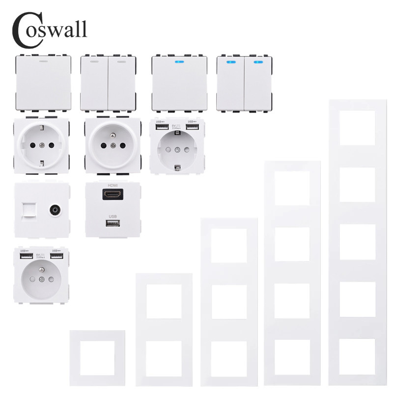 COSWALL E20 séria biely vertikálny PC panel nástenný vypínač EU francúzska zásuvka HDMI kompatibilný USB Type-C nabíjačka TV RJ45 modul DIY
