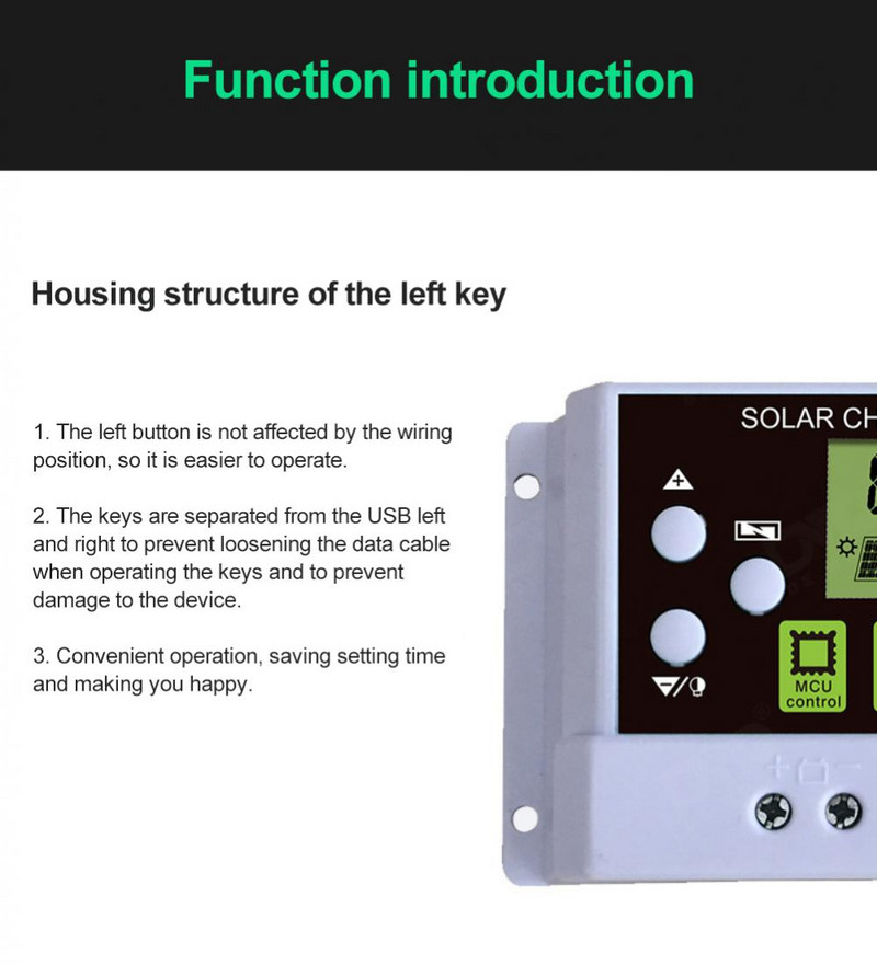 Controler de încărcare solară CORUI 12V/24V Afișaj LCD reglabil Panou solar Regulator de baterie Controler de panou solar cu port USB