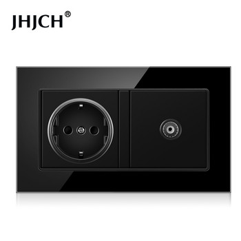Jhjch standard EU πρίζα τοίχου + τηλεόραση τηλεφώνου, σκληρυμένο γυαλί μαύρο rj45 cat6 πρίζα τοίχου + πρίζα για υπολογιστή 146*86 mm